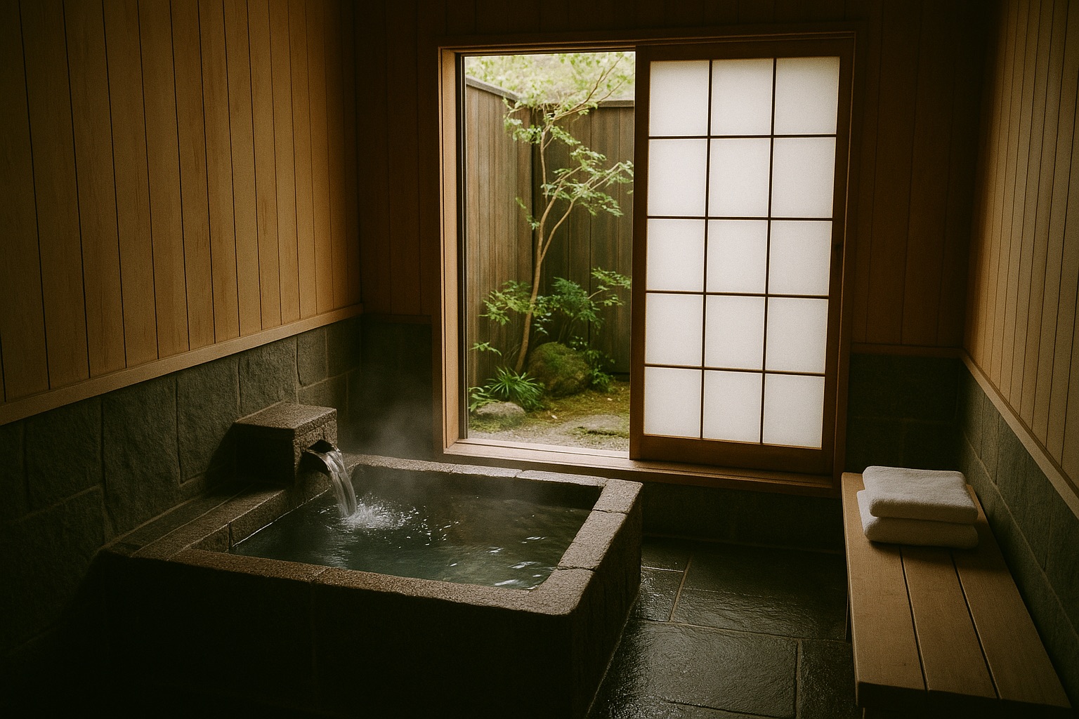 A private kashikiri family bath room with stone tub and garden in Japan
