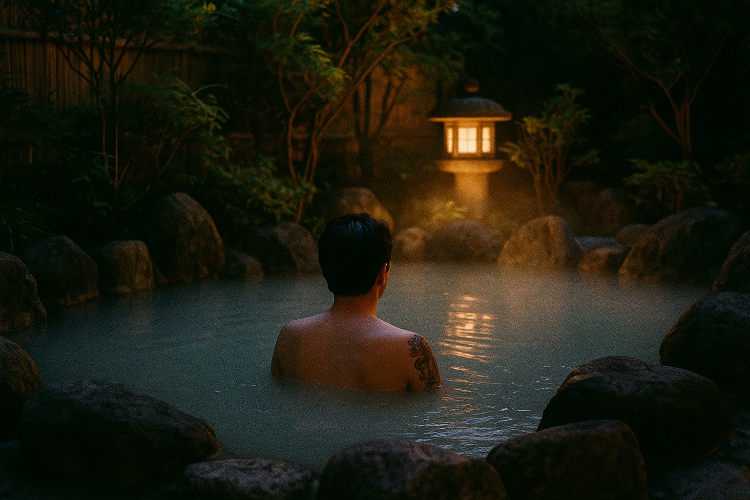 A tattooed bather relaxing in an outdoor onsen bath in Beppu at dusk