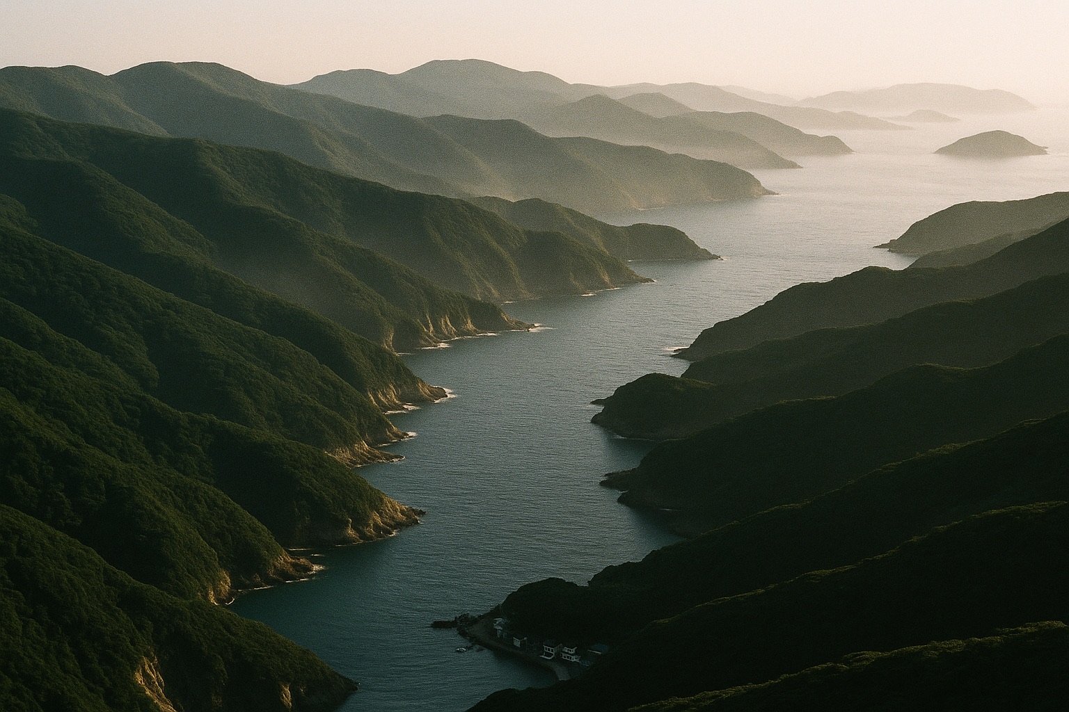 The forested mountains and ria coastline of Tsushima Island