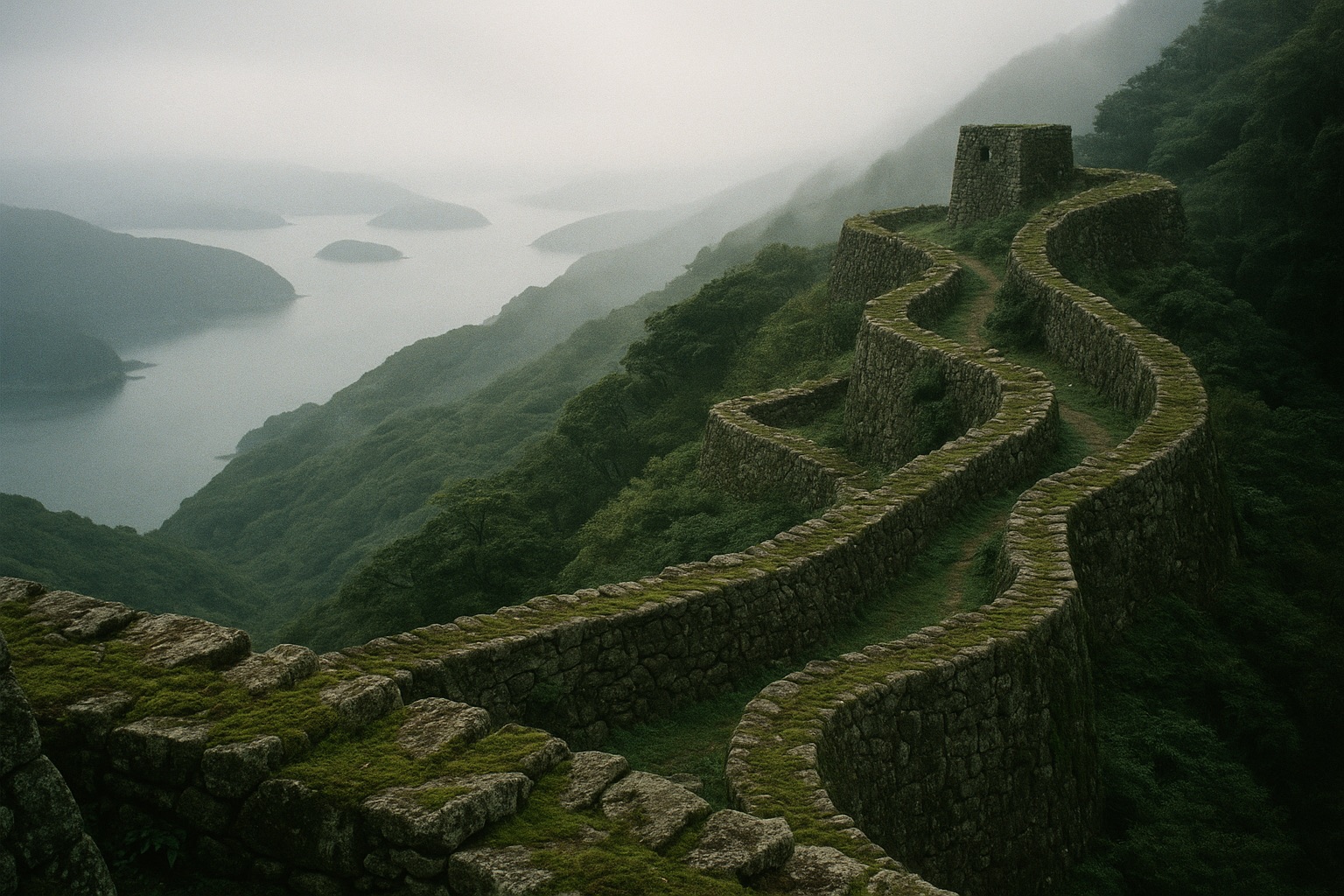 Ancient stone fortress walls on a forested ridge above Aso Bay, Tsushima