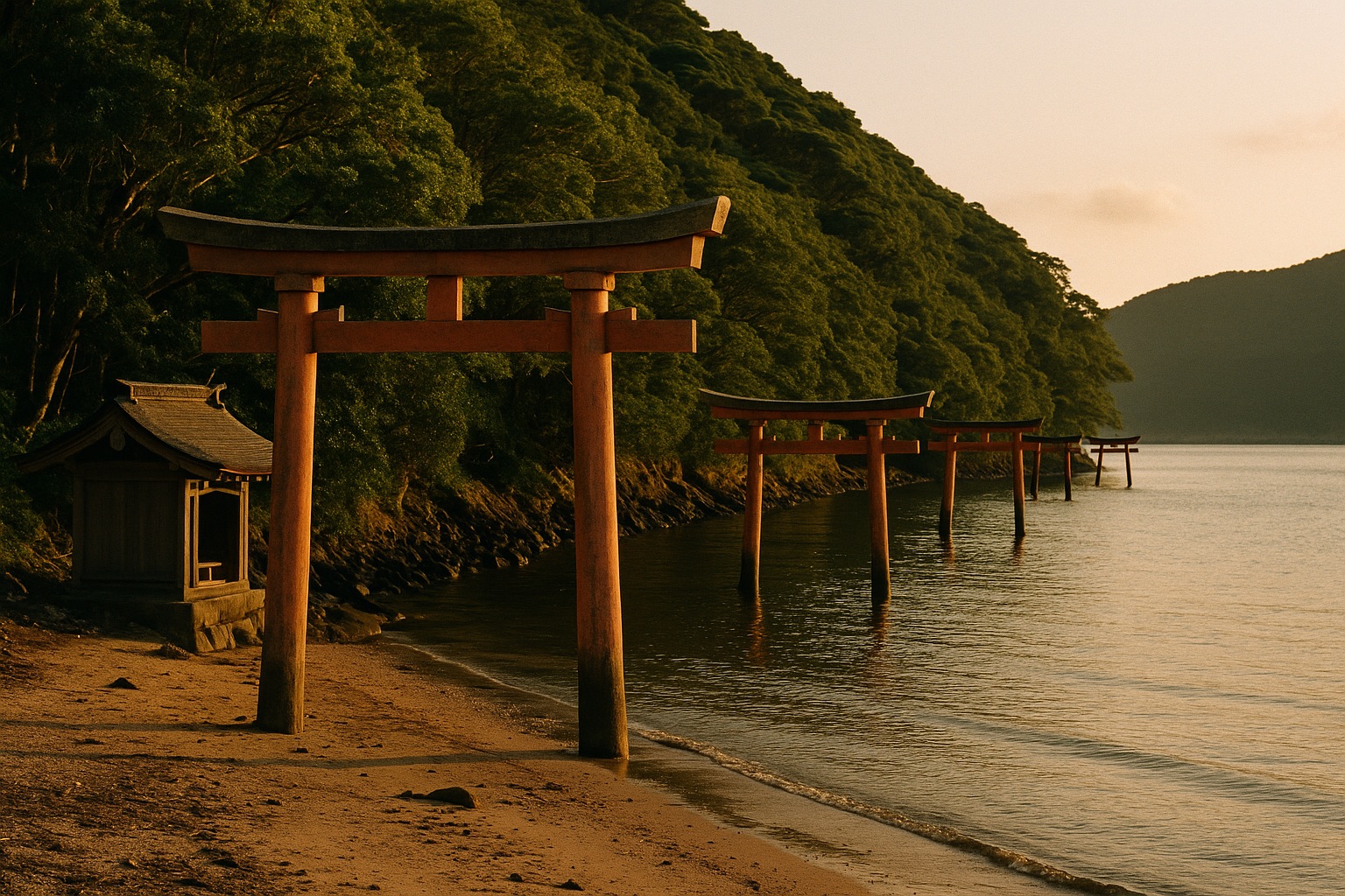 Torii gates of Watatsumi Shrine leading from the forest into the sea on Tsushima