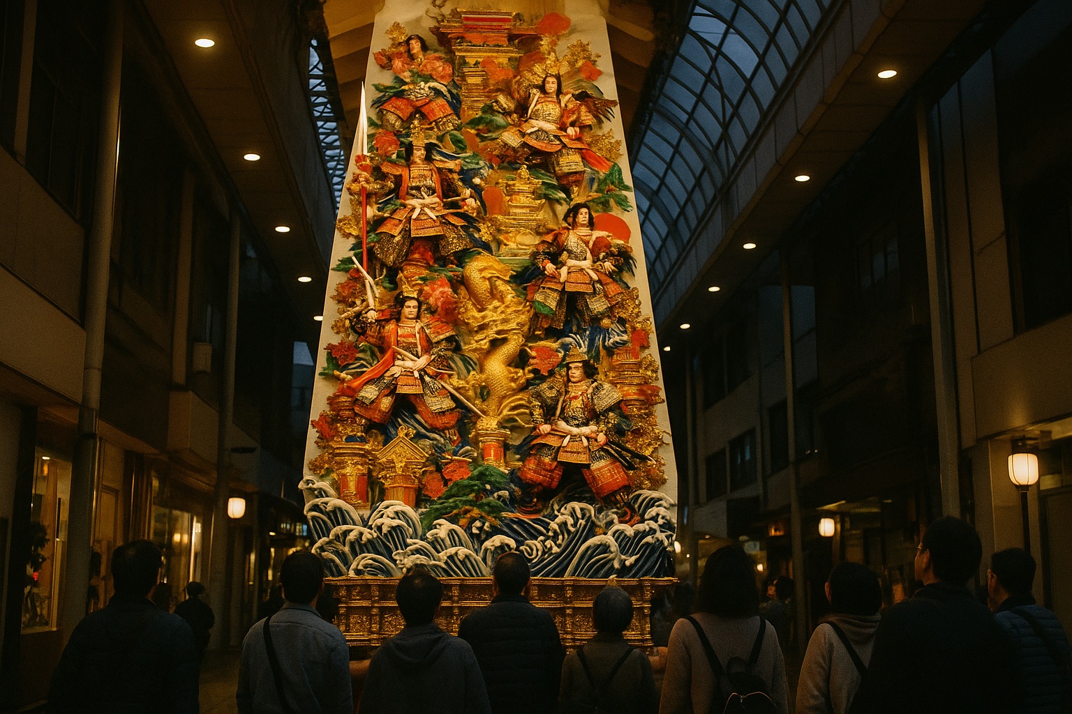 A towering kazariyama decorative float displayed on a Fukuoka shopping street