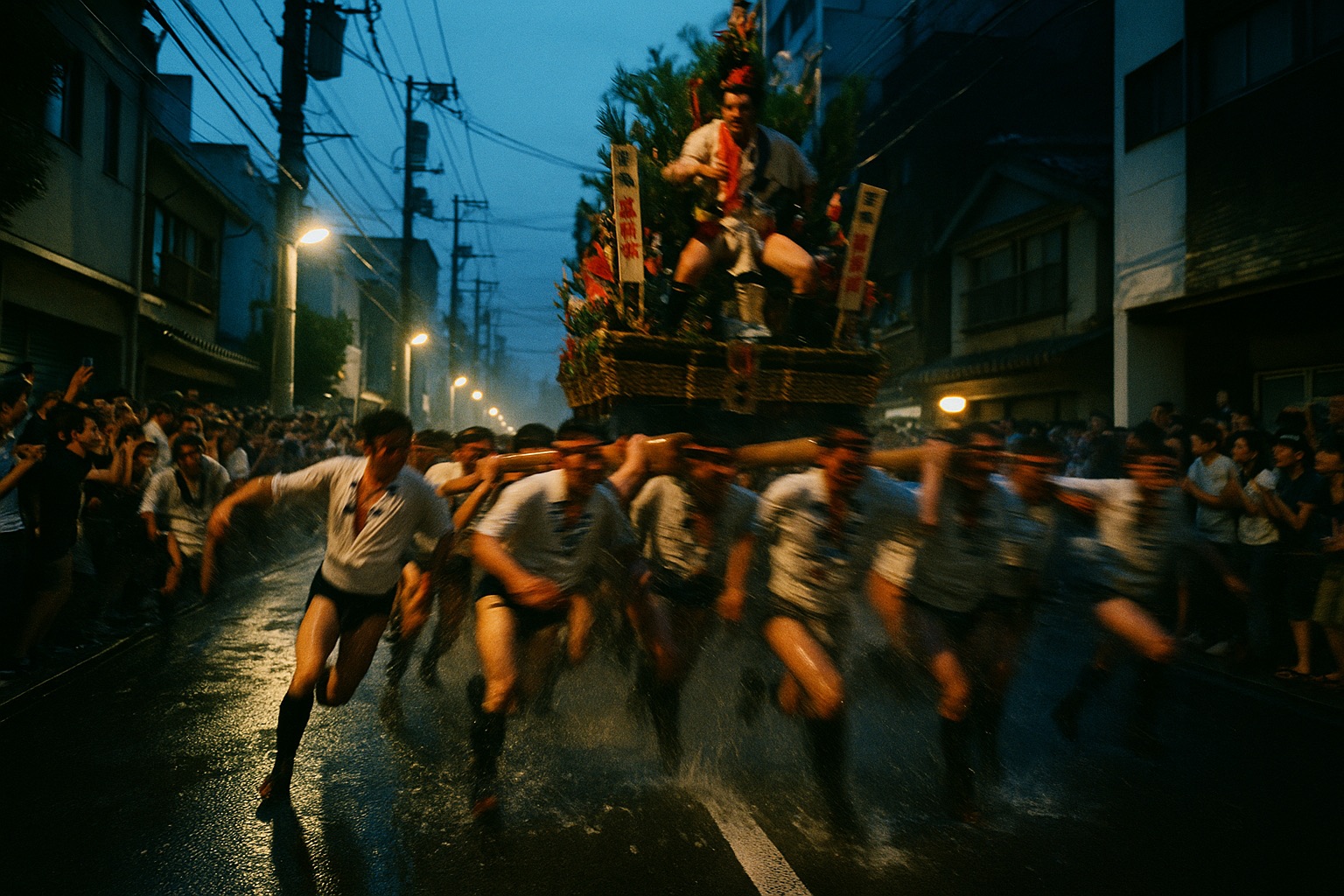 A traditional Japanese street festival procession with crowds lining the avenue
