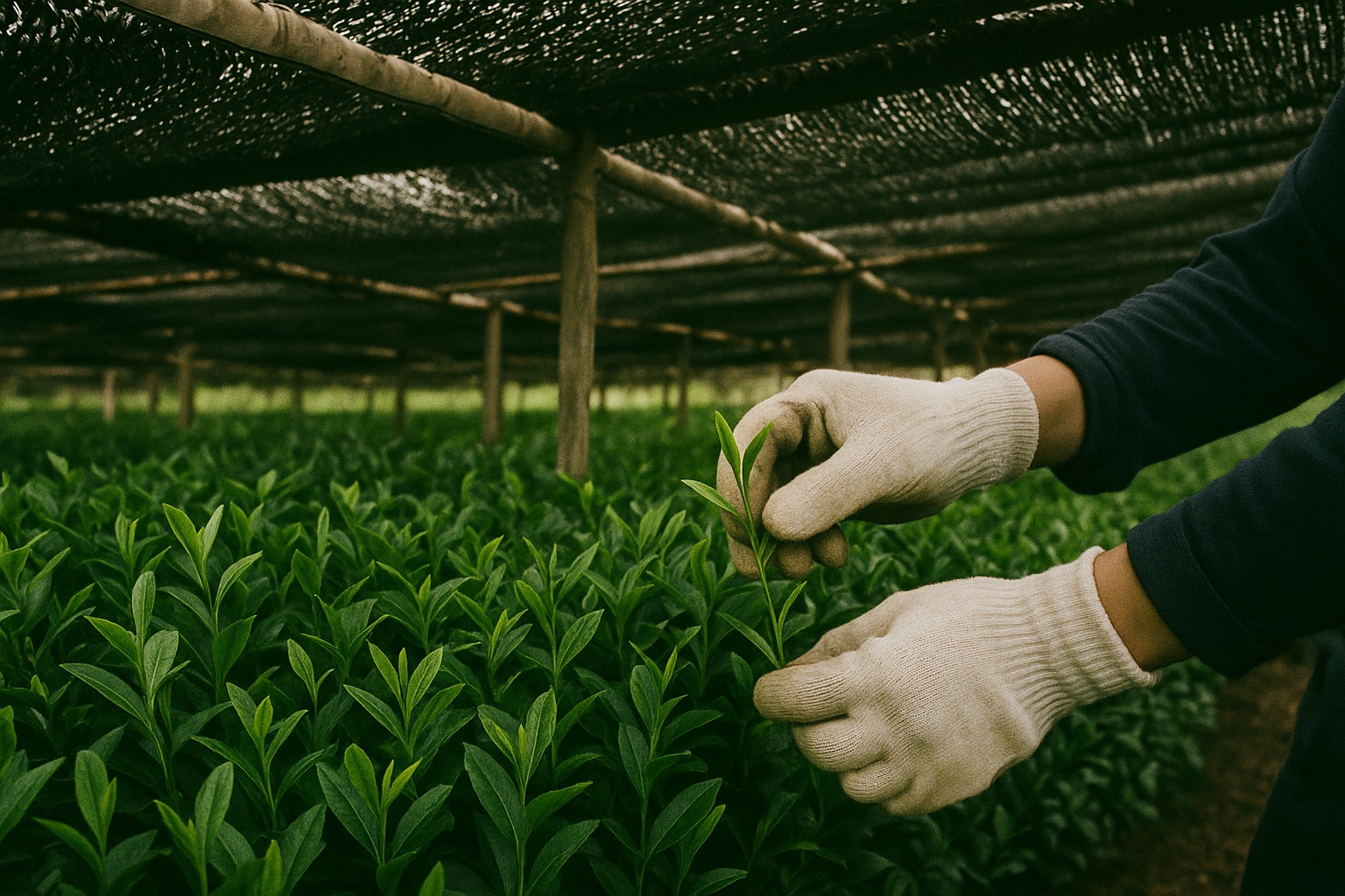 Shaded gyokuro tea fields under black canopies in Hoshino Village