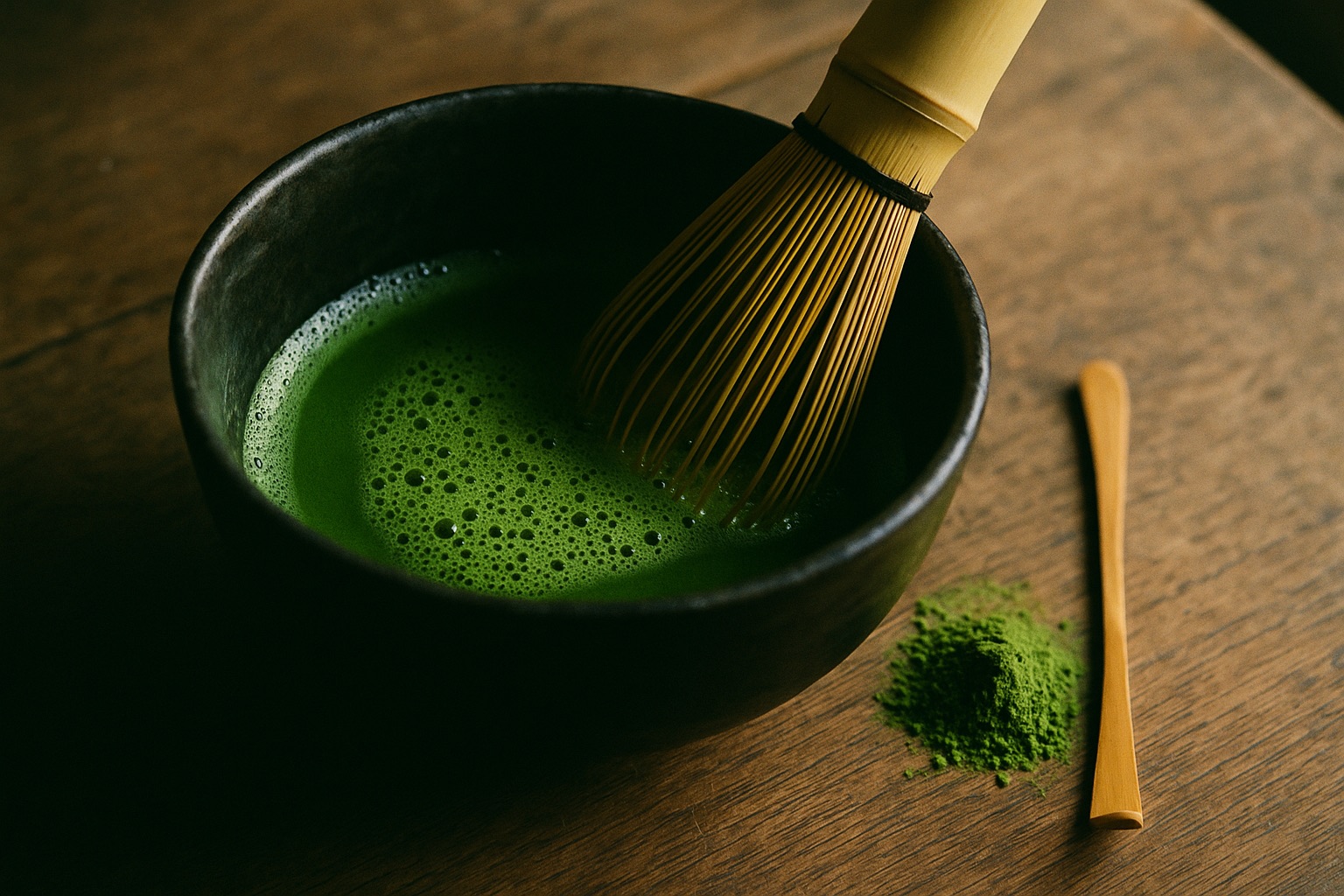 Vivid green matcha being whisked with a bamboo chasen in a dark ceramic bowl