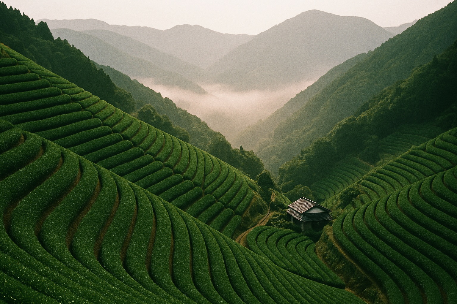Terraced green tea fields in the misty mountains of Yame, Fukuoka
